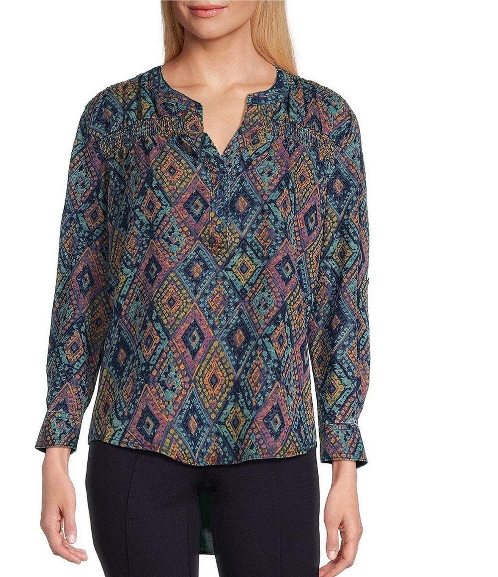 Intro Lyocell Slub Geo Multi Print Y-Neck Long Roll-Tab Sleeve Blouse 1X